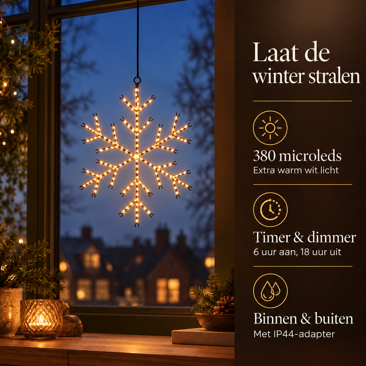 Verlichte Sneeuwvlok – 37 cm, 380 LED, Timer & Dimmer – belangrijkste kenmerken en afmetingen
