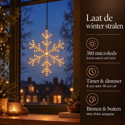 Verlichte Sneeuwvlok – 37 cm, 380 LED, Timer & Dimmer – belangrijkste kenmerken en afmetingen