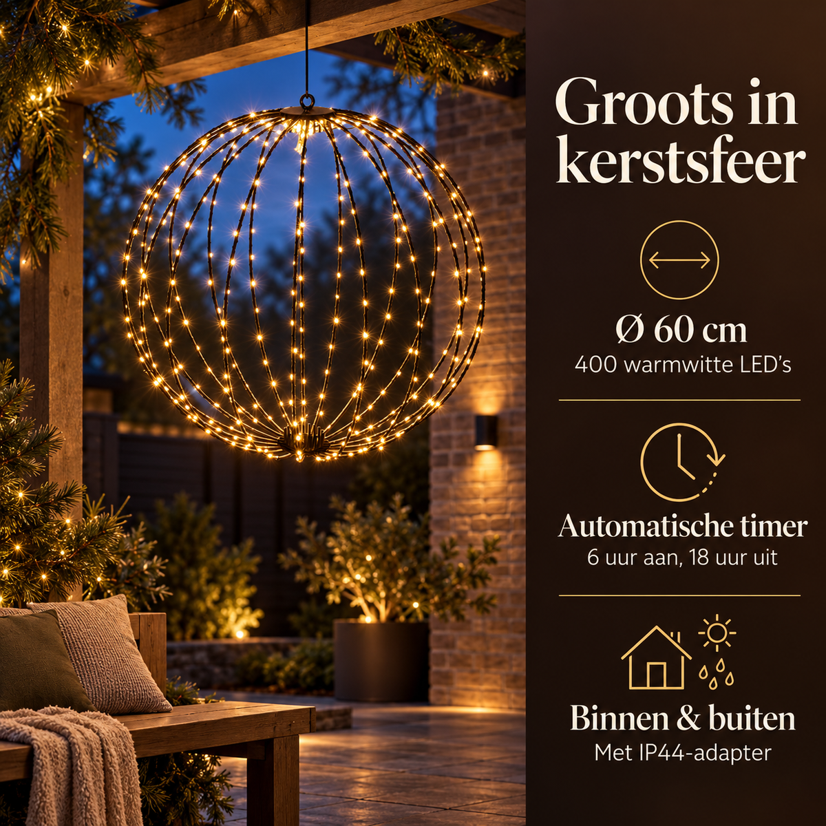 Lichtbol Kerst – 60 cm, 400 LED, Warm Wit met Timer – belangrijkste kenmerken en afmetingen