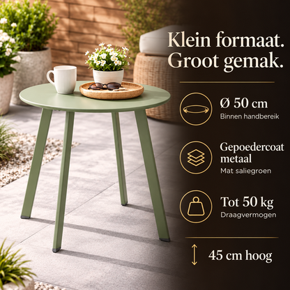 Saliegroene metalen bijzettafel met USP’s: Ø 50 cm, hoogte 45 cm, gepoedercoat metaal en draagvermogen tot 50 kg